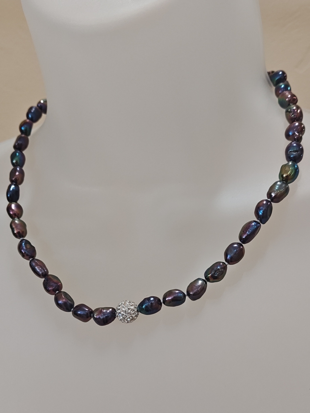 Iridescent Black Pearl Necklace with Crystal Pavé Bead